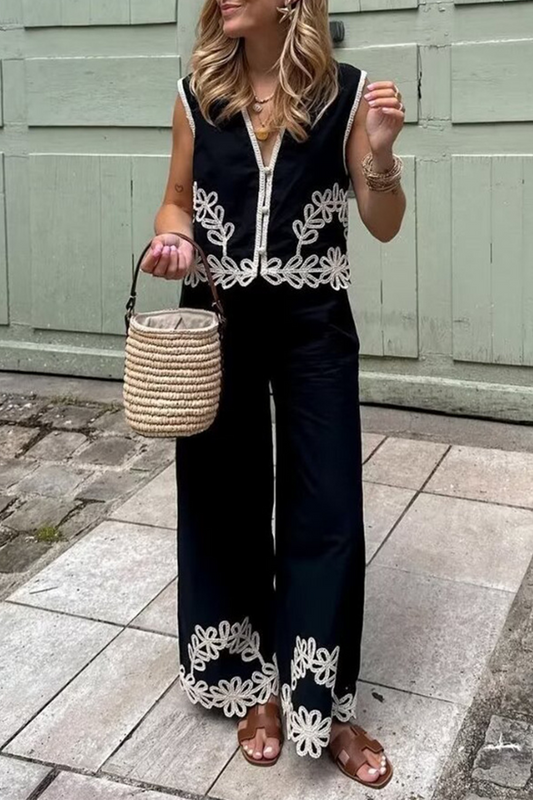 Conjunto informal de dos piezas con cuello en V, sin mangas, bordado en color liso y contraste