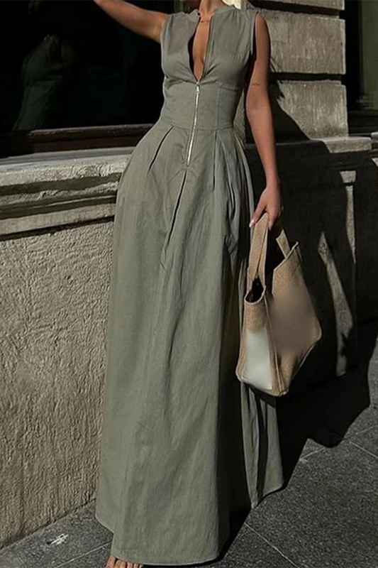 Vestidos casuales de calle, de color liso, con bolsillos, cremallera y cuello mandarín, sin mangas (3 colores)