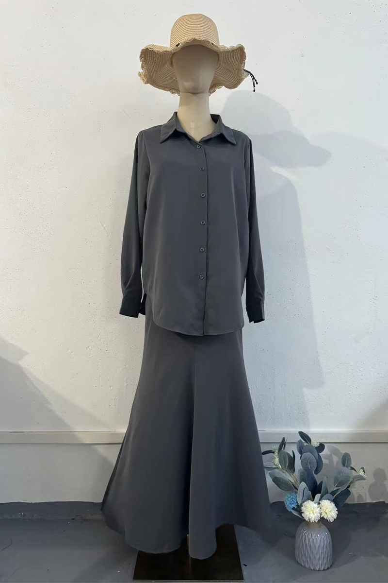 Conjunto de dos piezas elegante de manga larga con cuello vuelto, botones y color liso para uso diario