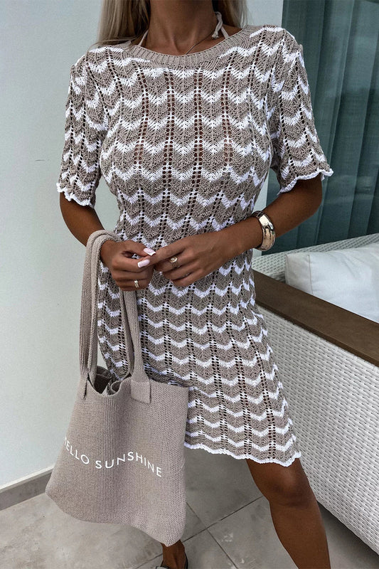 Vestido playero informal de manga corta con cuello redondo y rayas para vacaciones
