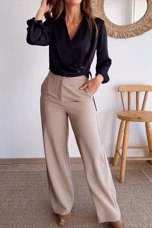 Conjunto informal de dos piezas con cuello en V, manga larga, color liso, bolsillos y botones para uso diario.
