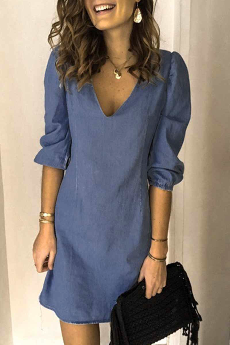 Vestido vaquero informal de moda con escote en V liso (4 colores)