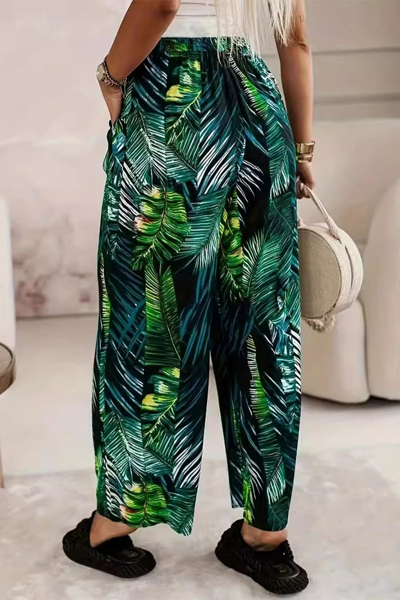 Pantalones casuales de vacaciones con estampado de hojas, bolsillo en contraste, sueltos, de cintura alta, rectos, con estampado completo