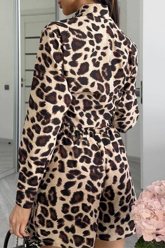 Conjunto informal de dos piezas con estampado de leopardo, bolsillo, cuello vuelto, manga larga