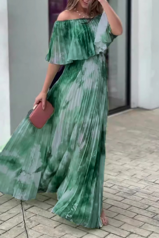 Elegante vestido plisado con hombros descubiertos y estampado degradado