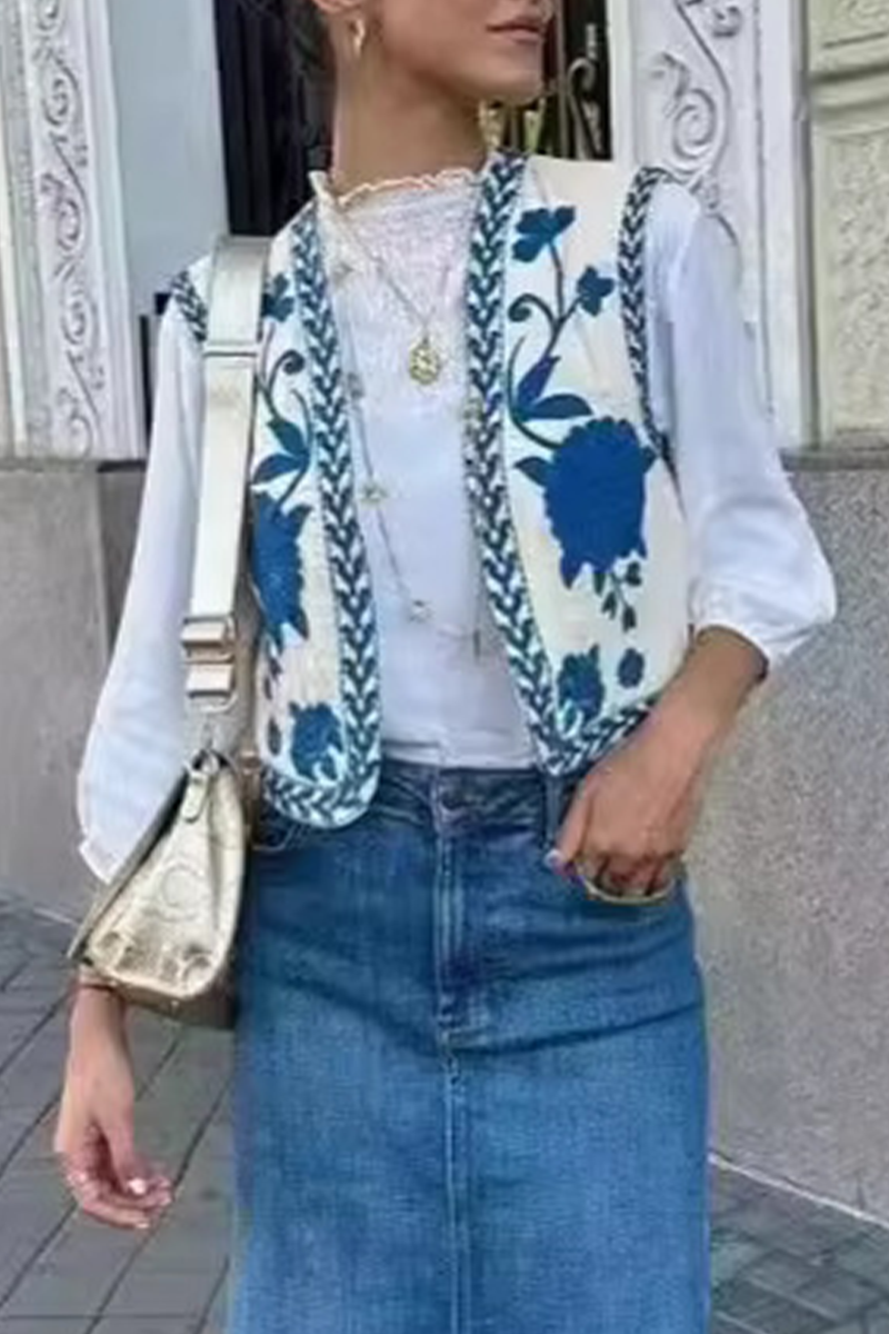 Chalecos casuales con cuello tipo cárdigan bordado y estampado floral