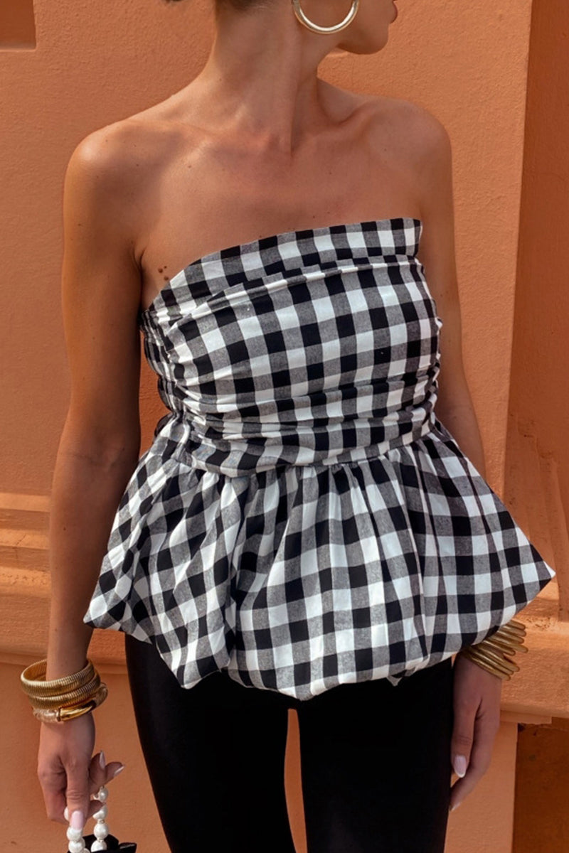Tops sexys sin tirantes con fruncido en contraste a cuadros (3 colores)