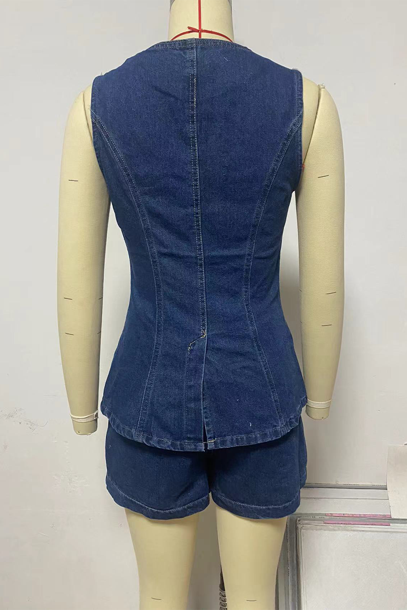 Conjunto informal de dos piezas con botones, cuello redondo, sin mangas, color liso, para uso diario (4 colores)