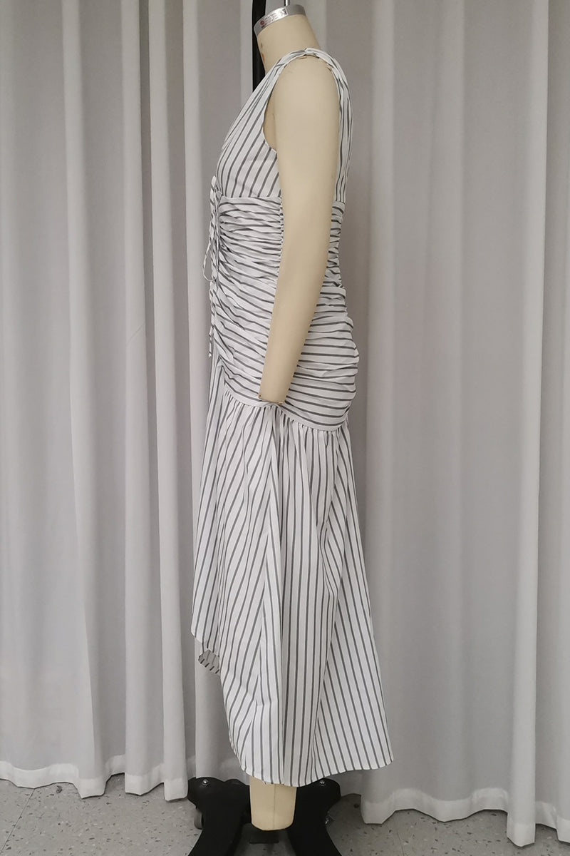 Vestidos casuales con falda y escote en V fruncido con cordones y estampado de rayas