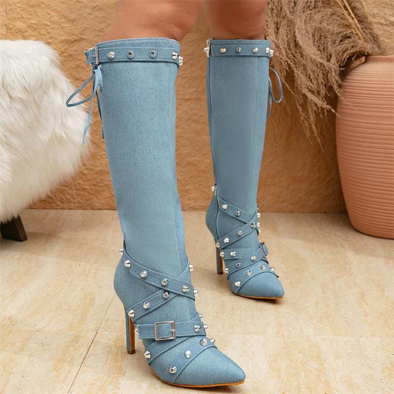 Zapatos casuales con remaches, patchwork, cremallera y puntera puntiaguda (altura del tacón: 10 cm)