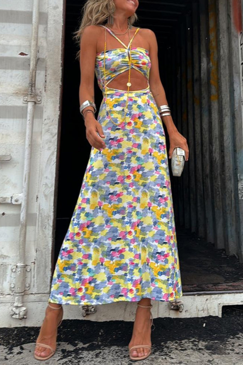Vestido informal con estampado geométrico, espalda descubierta, escote en V en contraste, falda de un solo paso (dos maneras de usarlo)