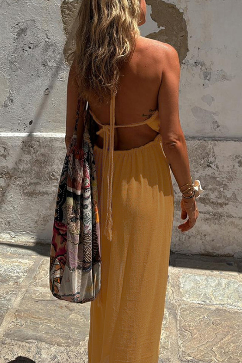 Vestidos sexys de vacaciones de color sólido con diseño de tirantes y aberturas, estilo halter irregular