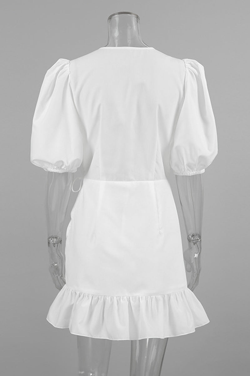 Vestidos casuales de uso diario con cuello en V fruncido, cordón ajustable y línea A en color sólido