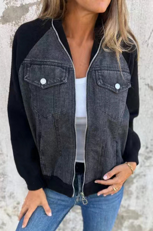 Prendas de abrigo informales de color liso con cremallera y cuello vuelto en contraste (8 colores)