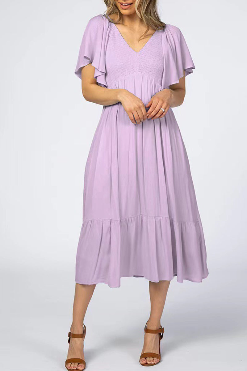 Vestido elegante de color liso con volantes, escote en V, corte A, manga corta (4 colores)