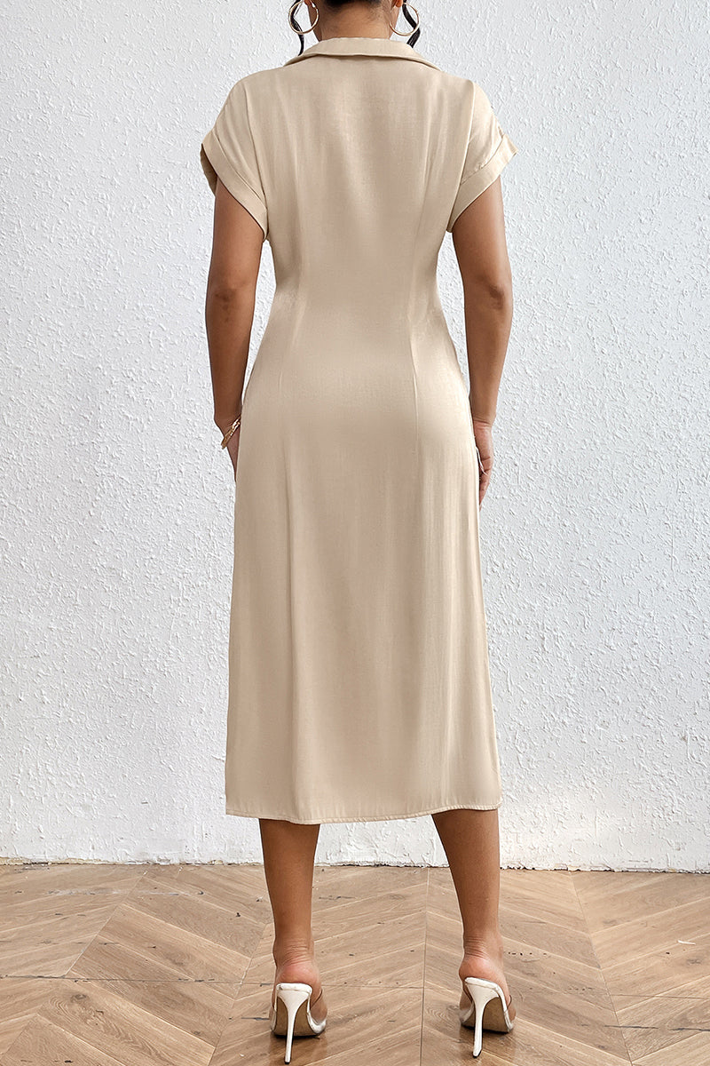 Vestido elegante de diario con botones fruncidos, escote en V irregular, falda y manga corta