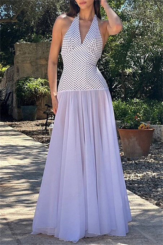 Vestidos largos sexis informales con estampado, espalda descubierta, cinturón y cuello halter