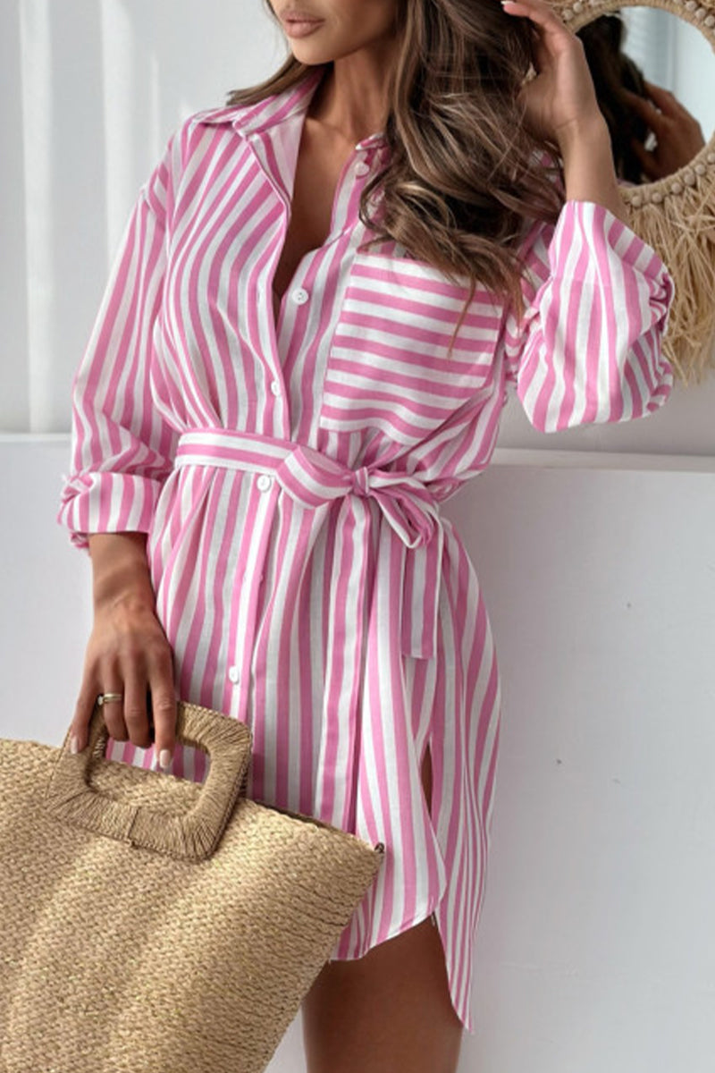 Vestido camisero informal con cuello vuelto, botones y cordones, estampado a rayas (5 colores)