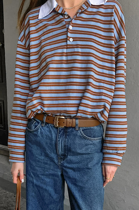 Blusa informal de cuello vuelto con botones y estampado de rayas para uso diario