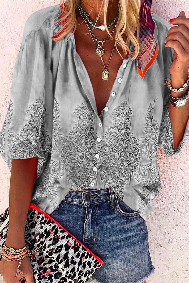Blusa informal de uso diario con estampado de rayas, botones y cuello en V en contraste (8 colores)