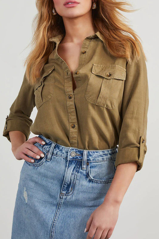 Blusas casuales de uso diario, de color liso, con bolsillos, botones y cuello vuelto (4 colores)