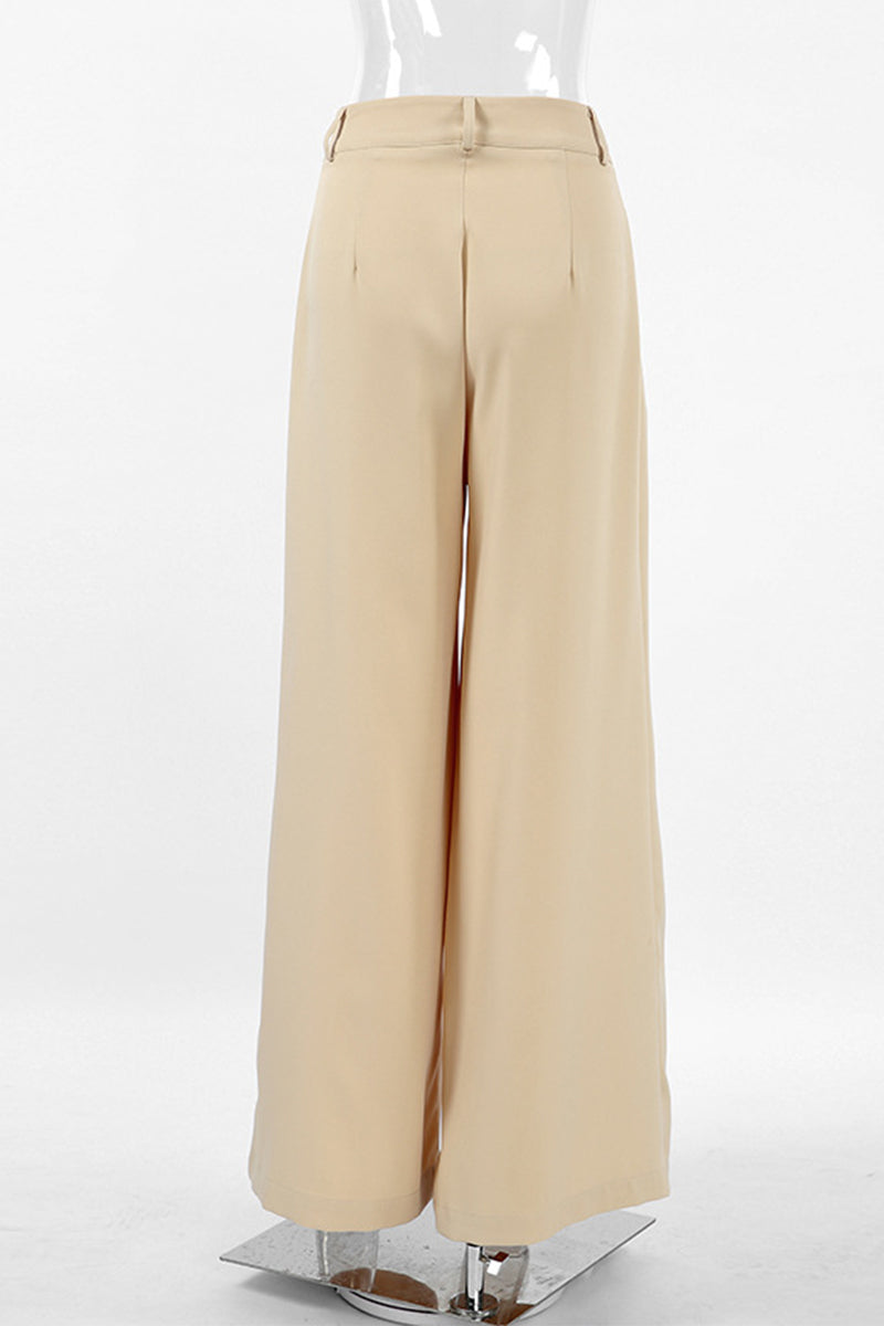Pantalones casuales de calle fruncidos, sueltos, de cintura alta, con pierna ancha y color liso