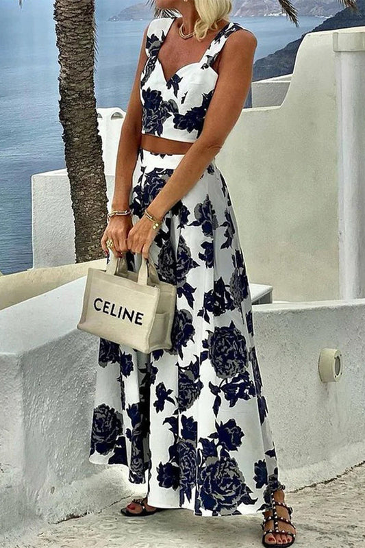 Conjunto informal de dos piezas con cuello en V, sin mangas y estampado de flores para vacaciones