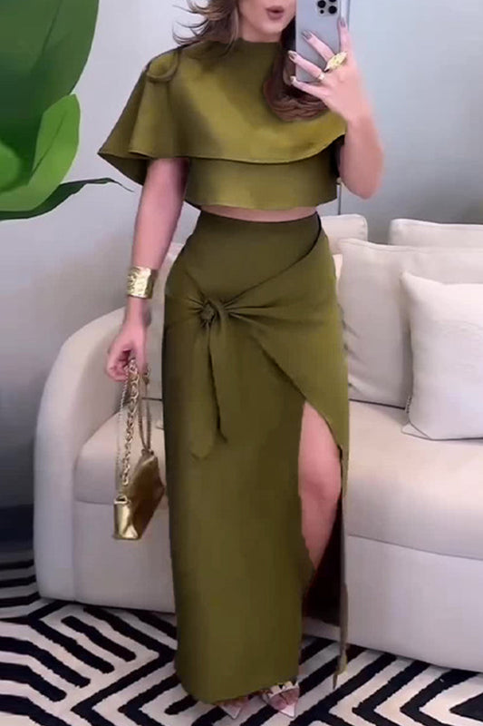 Conjunto de dos piezas de manga corta con cuello chal irregular y abertura en color liso sexy