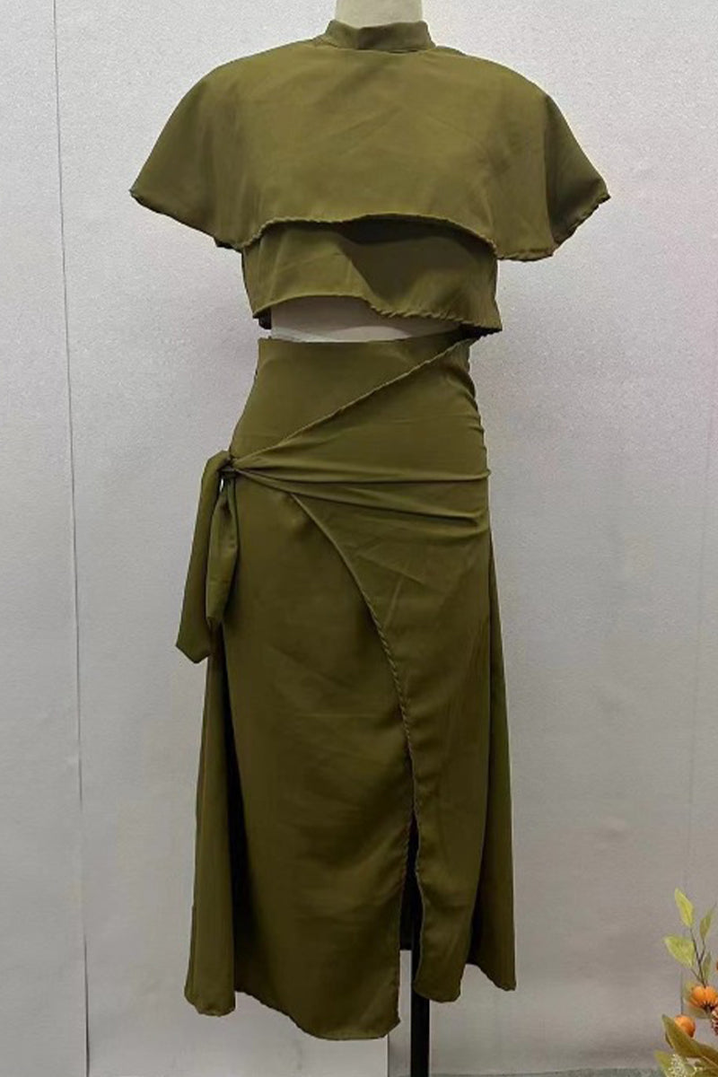 Conjunto de dos piezas de manga corta con cuello chal irregular y abertura en color liso sexy