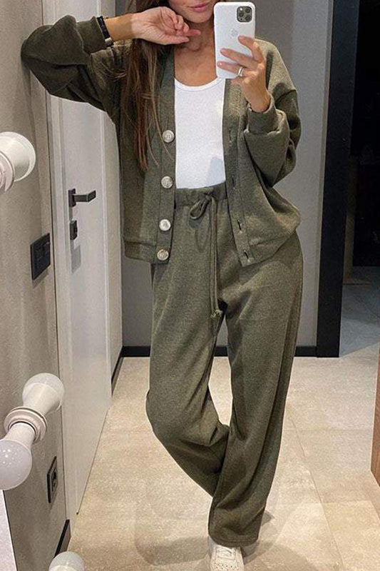 Conjunto informal de dos piezas con cuello en V, manga larga, bolsillos, botones y cordones, color liso, para uso diario (5 colores)