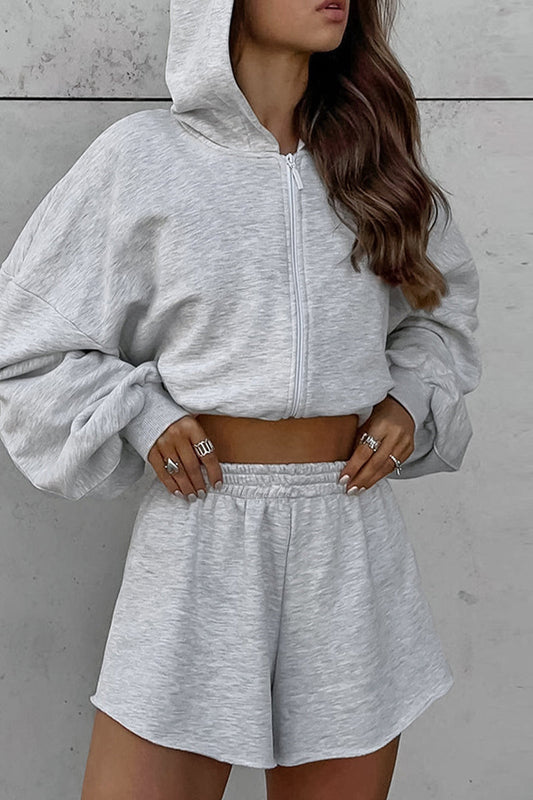 Ropa deportiva informal de color sólido con cremallera y capucha de manga larga de dos piezas
