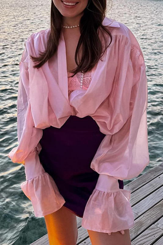 Blusas casuales de calle con botones de color liso y cuello vuelto transparentes