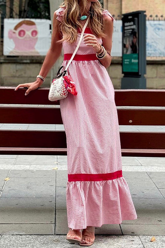 Vestidos casuales de calle con estampado de rayas, cordones, patchwork, contraste, cuello cuadrado y tirantes