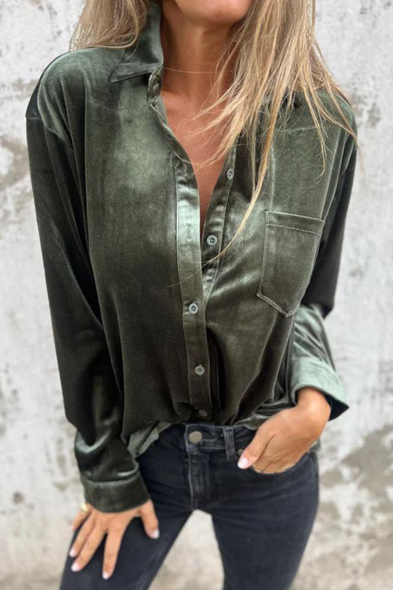 Blusas casuales de color liso con bolsillos y hebillas, cuello vuelto (3 colores)
