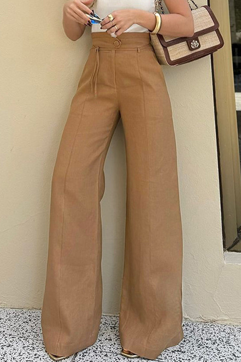 Pantalones casuales de cintura alta con bolsillos, cordones y botones para uso diario
