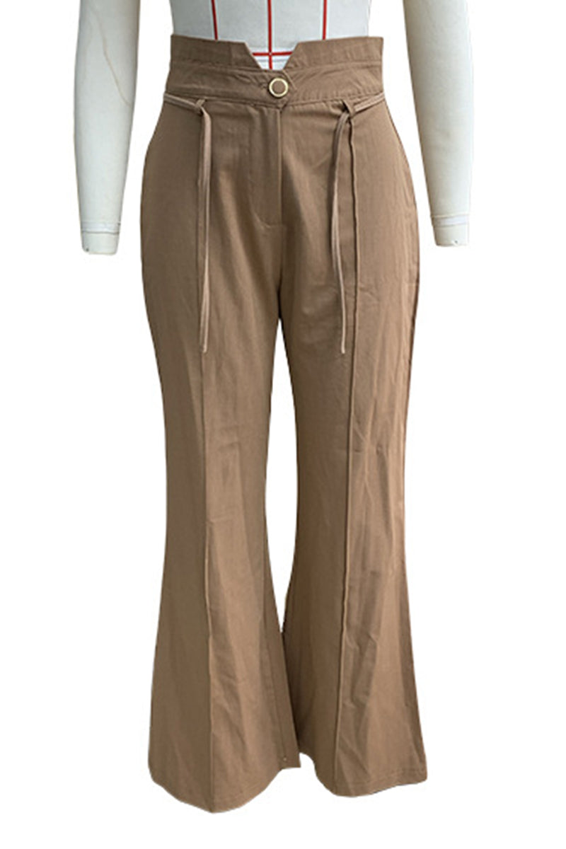 Pantalones casuales de color sólido para uso diario, con bolsillos, cordones, botones, cintura alta, holgados, con altavoz, de color sólido