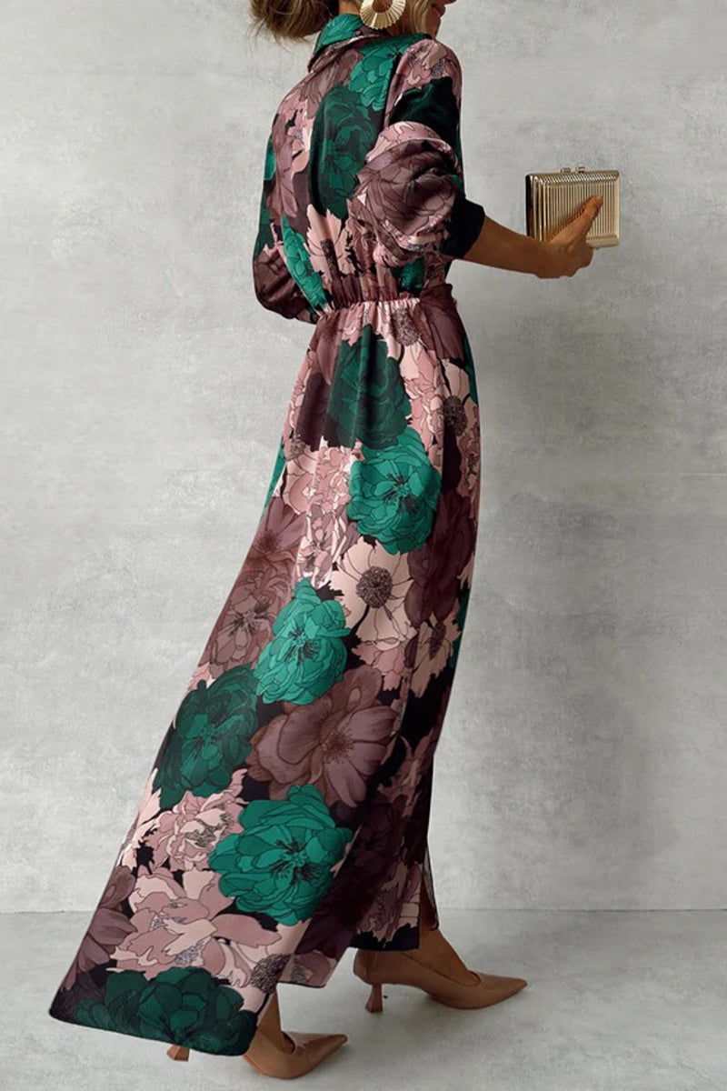 Vestidos camiseros elegantes con cuello vuelto, abertura y cordones con estampado floral para uso diario