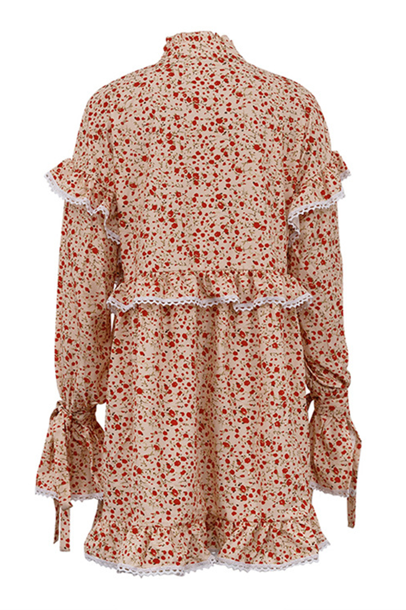 Elegante vestido de corte A con cuello alto, volantes, patchwork, flores y estampado de leopardo (3 colores)