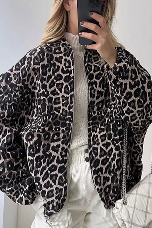 Chaqueta informal de cuello redondo con estampado de leopardo en contraste para uso diario
