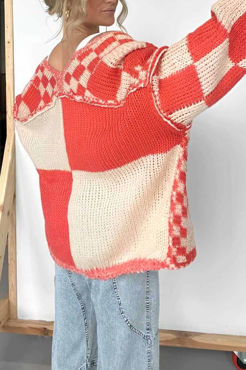 Prenda exterior informal de calle con tejido a cuadros y cuello en V en contraste (3 colores)