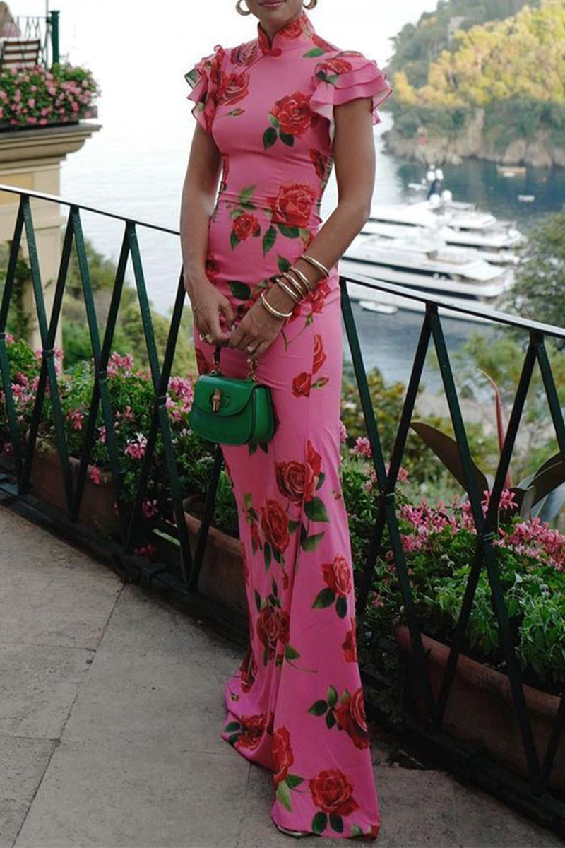 Elegante vestido de diario con flores, botones, volantes, cuello mandarín, falda de un solo paso