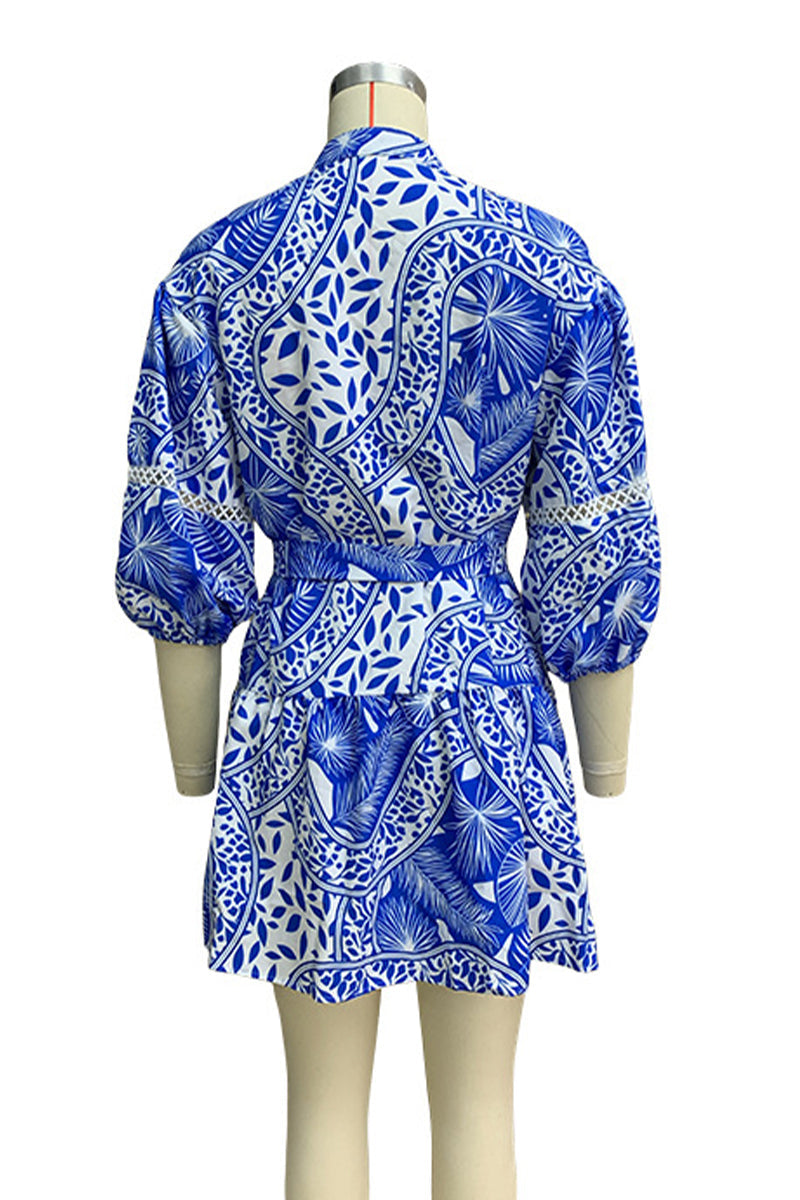 Vestidos casuales de vacaciones con estampado floral, cuello mandarín, falda y cintura con cordones