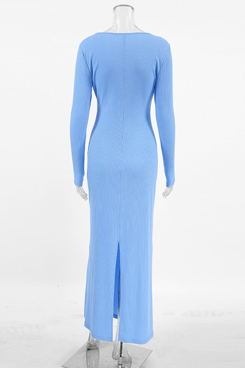 Vestidos elegantes de calle con falda de un solo paso y cuello redondo con agujeros (falso dos piezas)