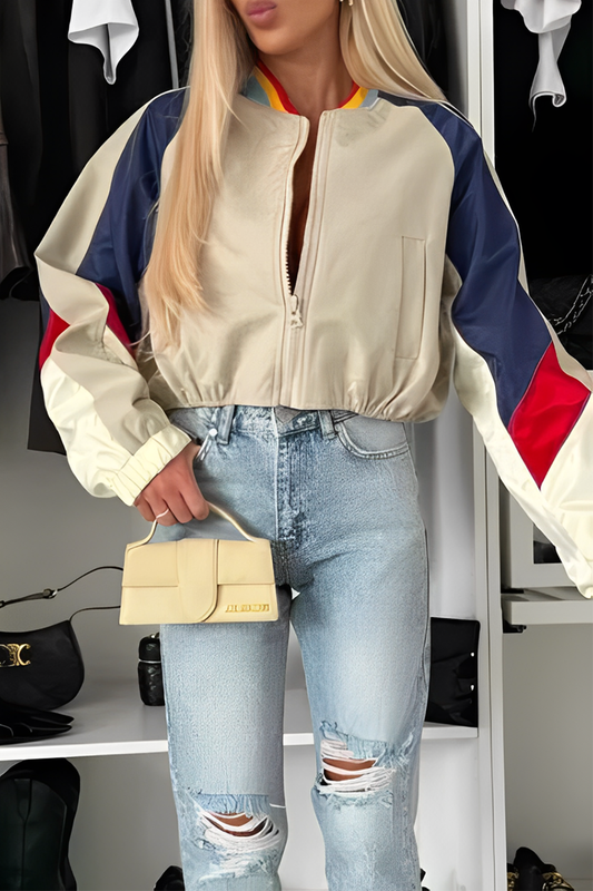 Prendas de abrigo informales con cuello mandarín, cremallera y patchwork en contraste con bloques de color