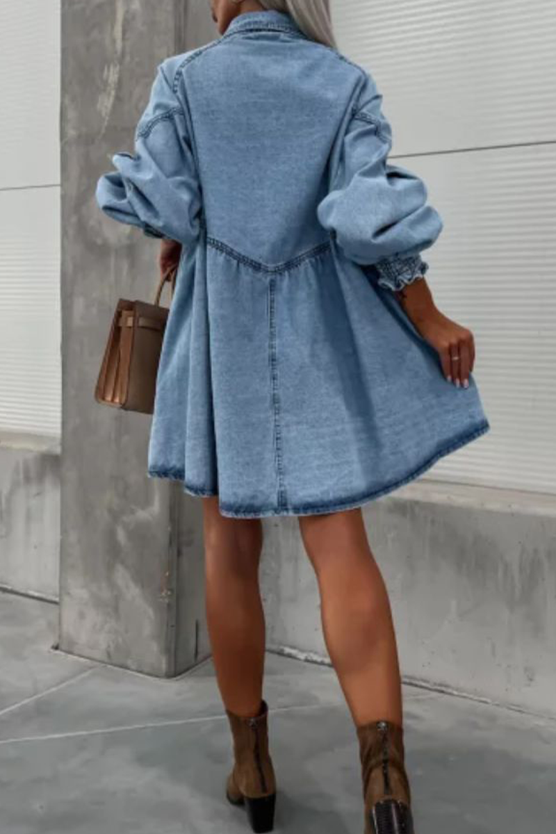 Vestidos vaqueros holgados informales de calle con bolsillos, botones, cuello vuelto, manga larga