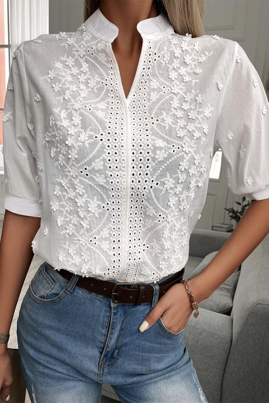 Blusas sexis de cuello mandarín con encaje de color sólido
