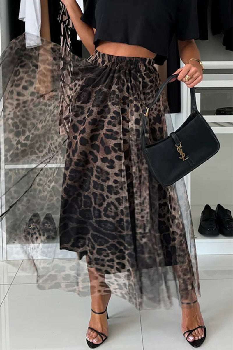 Pantalones de cintura alta holgados tipo A con estampado completo y contraste de leopardo elegantes para uso diario
