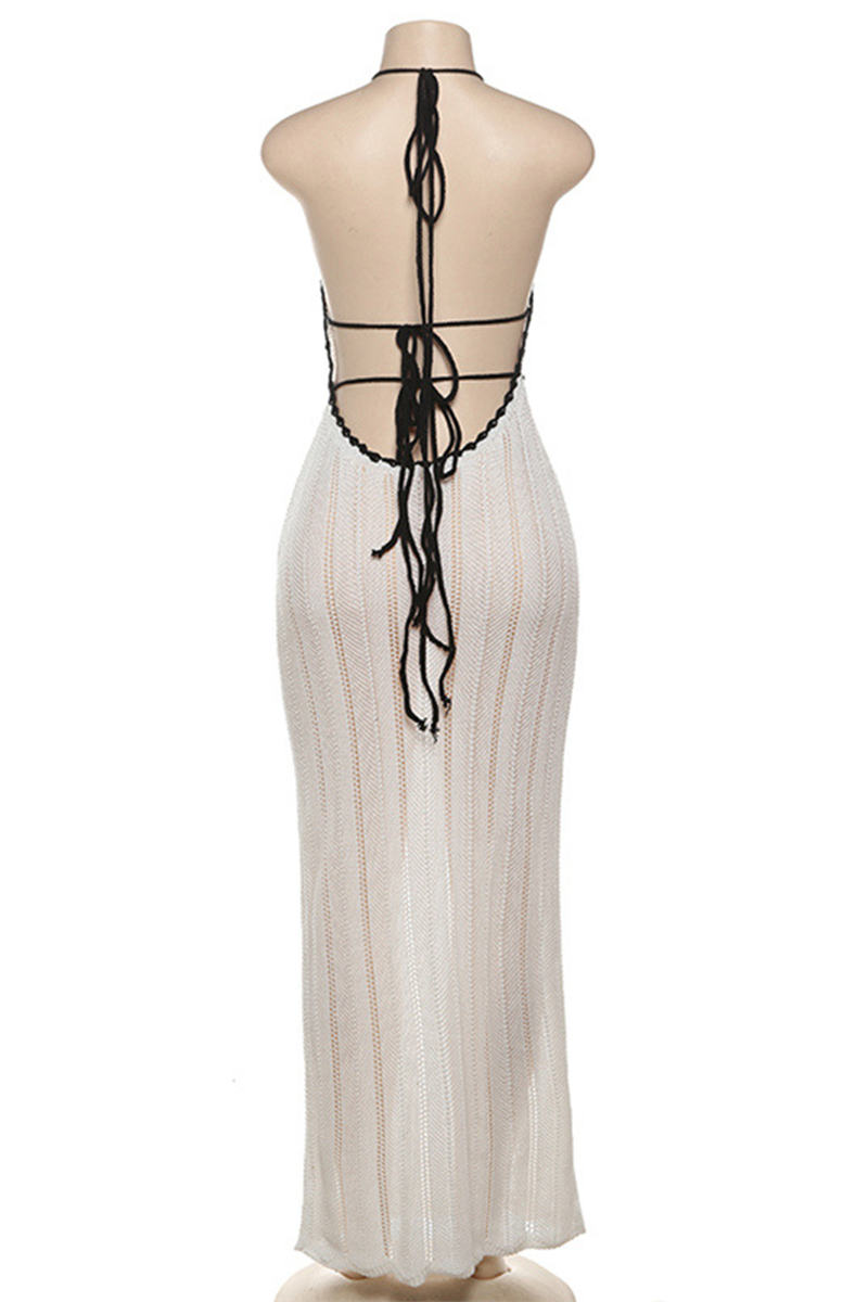 Vestido sexy de rayas urbanas con encaje, espalda descubierta, tejido tipo halter, falda de un solo paso