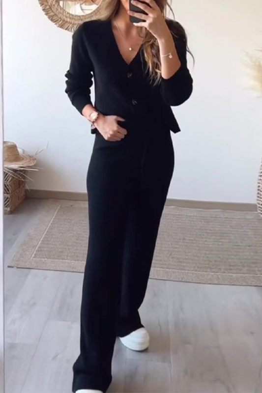Conjunto informal de dos piezas con cuello en V, manga larga y botones con cordón para uso diario