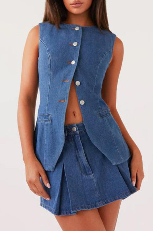 Conjunto informal de dos piezas sin mangas con cuello redondo, botones y ajustable para la calle